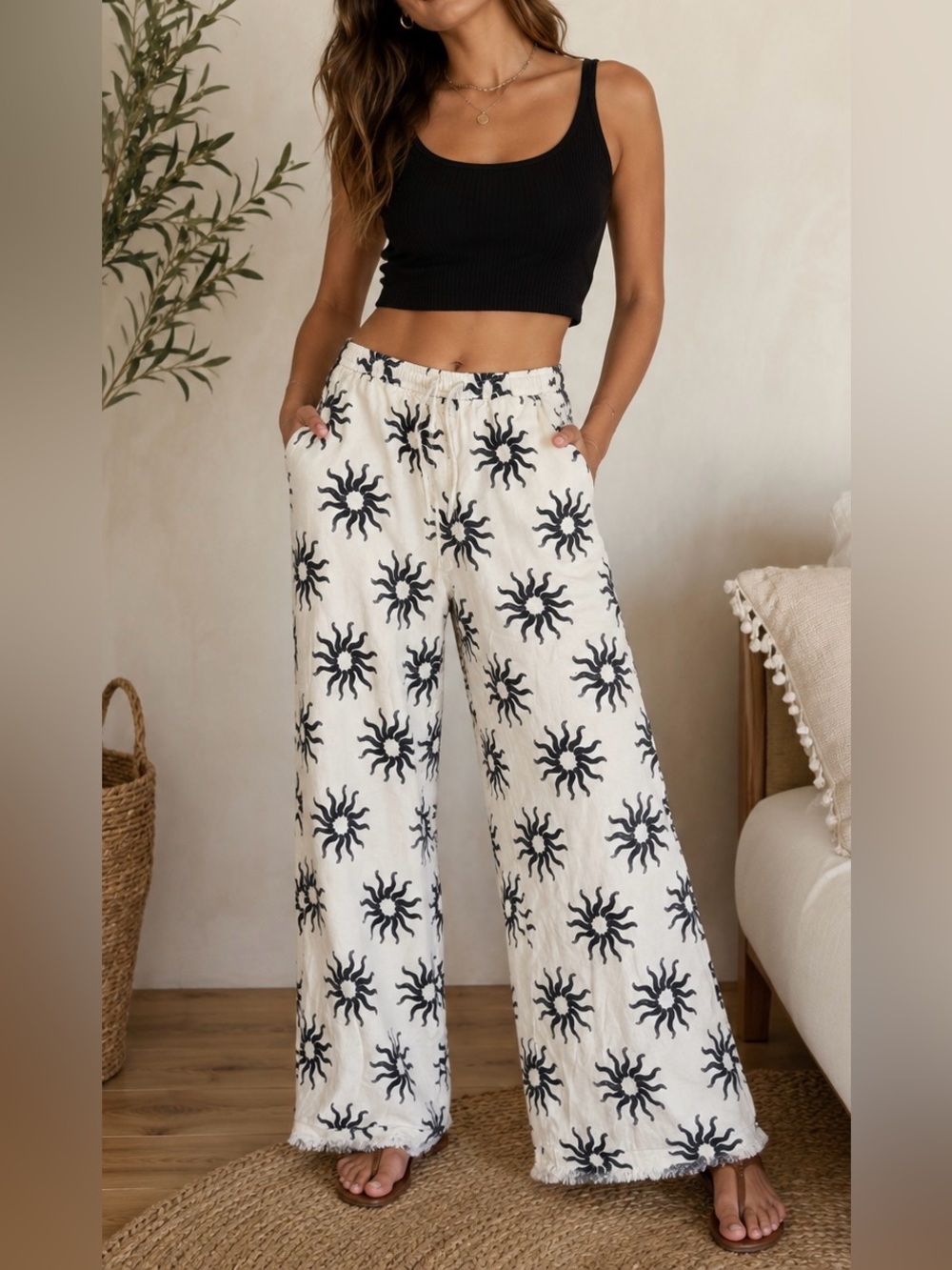 H&M Linen-Blend Drawstring Trousers Size XS